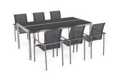 Best Gartenessgruppe, Grau, Edelstahl/Glaskeramik/FSC-Teakholz, Tisch 200x100cm, 6 Diningsessel, Stapelbar, Kratzfest Garten-Essgruppen|Edelstahl-Gartenmöbel
