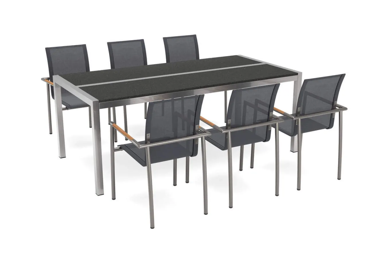 Best Gartenessgruppe, Grau, Edelstahl/Glaskeramik/FSC-Teakholz, Tisch 200x100cm, 6 Diningsessel, Stapelbar, Kratzfest Garten-Essgruppen|Edelstahl-Gartenmöbel