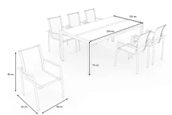 Best Gartenessgruppe, Grau, Edelstahl/Glaskeramik/FSC-Teakholz, Tisch 200x100cm, 6 Diningsessel, Stapelbar, Kratzfest Garten-Essgruppen|Edelstahl-Gartenmöbel