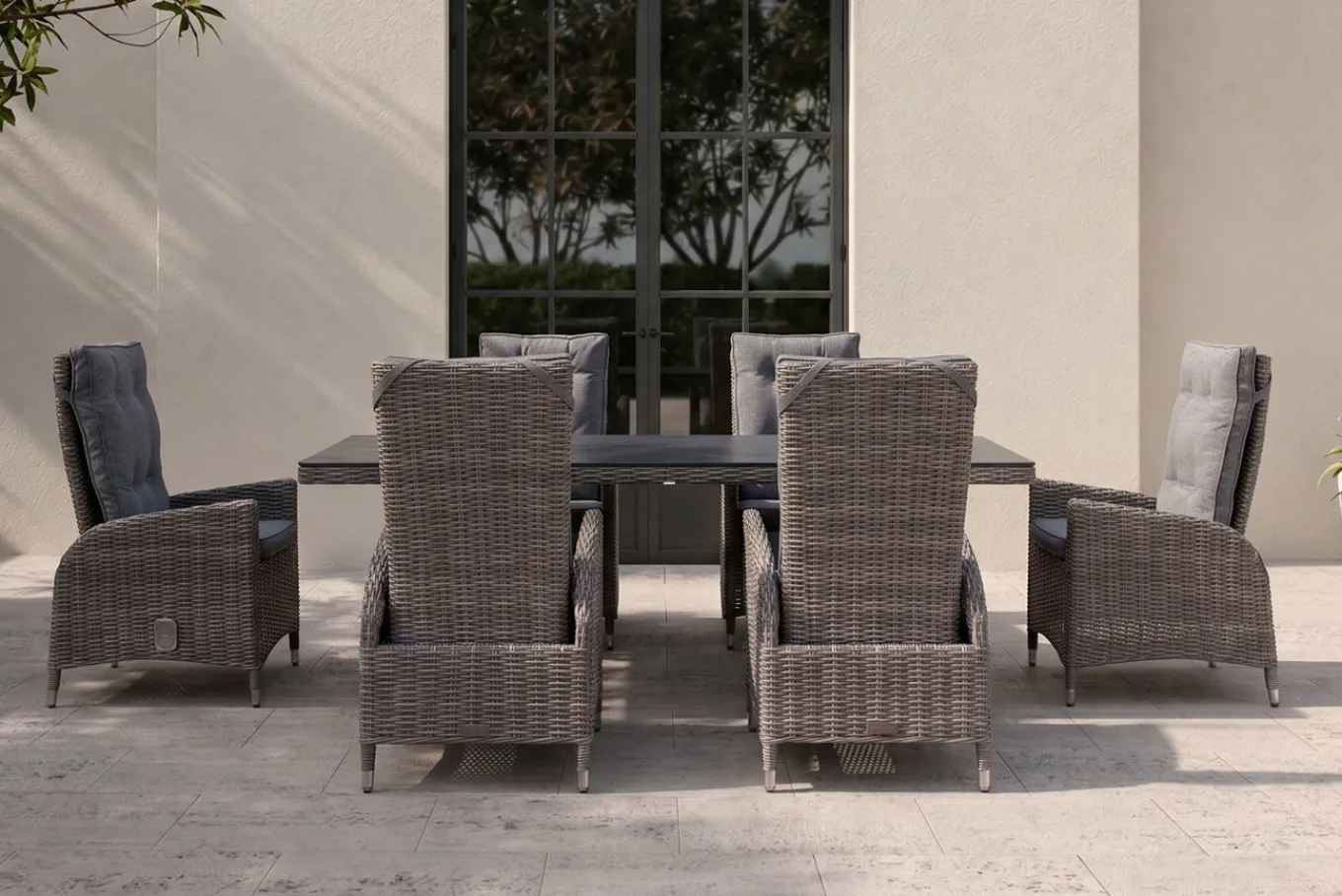 Clearance Garten-Essgruppe, grau, Polyrattan, Tisch 200 x 95 cm, 6 Sessel, verstellbar Polyrattan-Gartenmöbel|Garten-Essgruppen