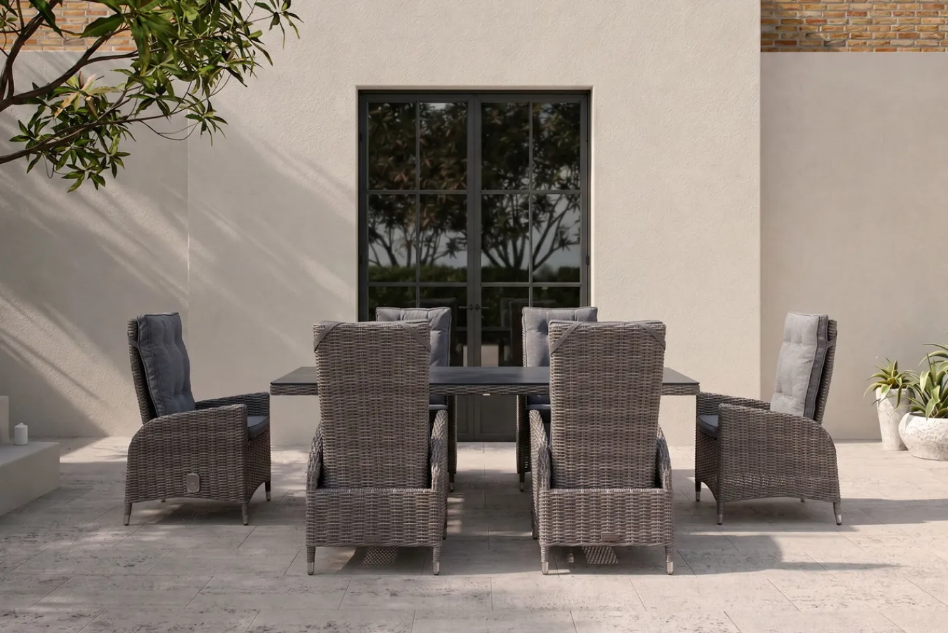 Clearance Garten-Essgruppe, grau, Polyrattan, Tisch 200 x 95 cm, 6 Sessel, verstellbar Polyrattan-Gartenmöbel|Garten-Essgruppen
