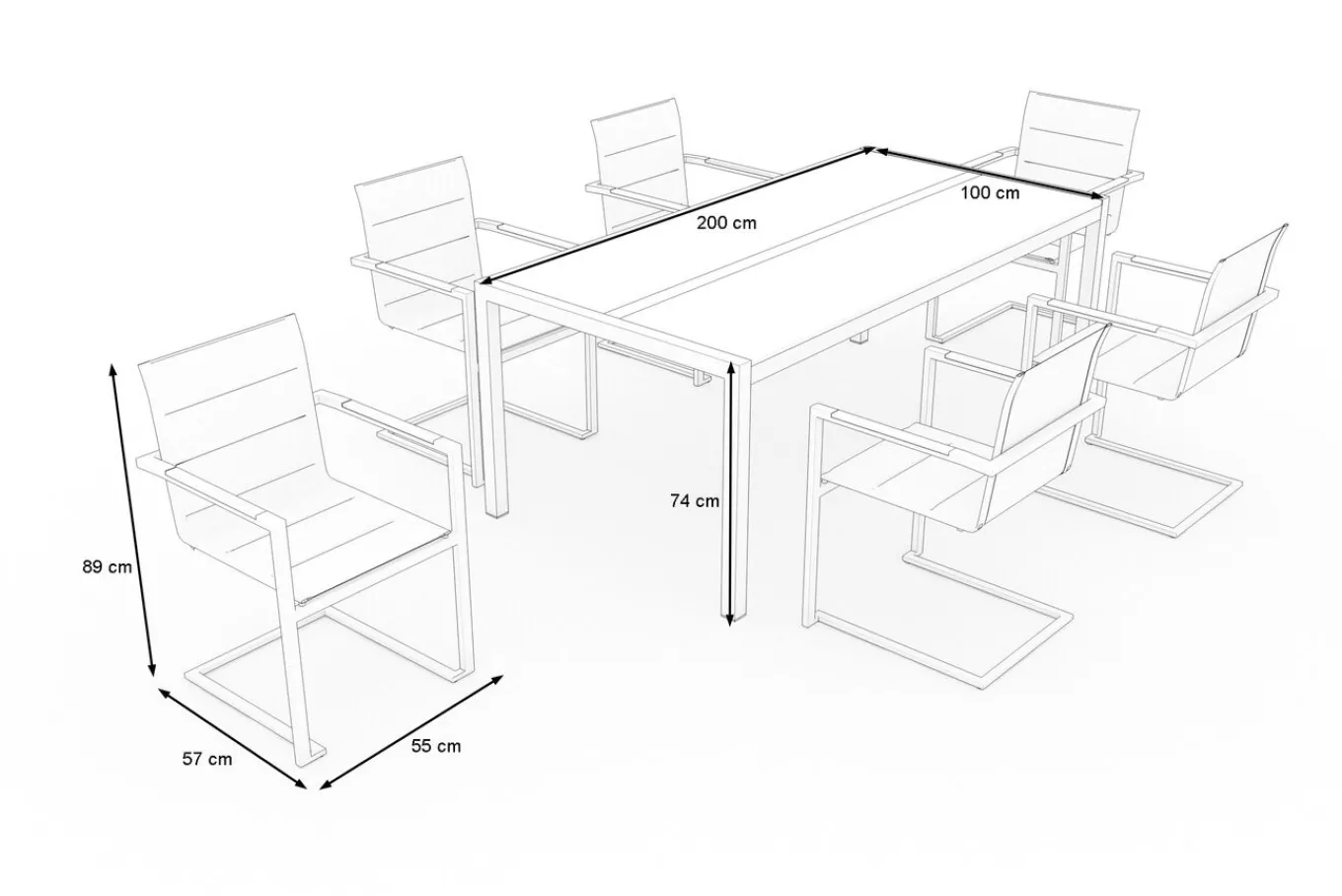 Online Garten-Essgruppe, graphite, Edelstahl/Glaskeramik, 200x100cm, 6 Freischwinger, hohe Belastbarkeit Garten-Essgruppen