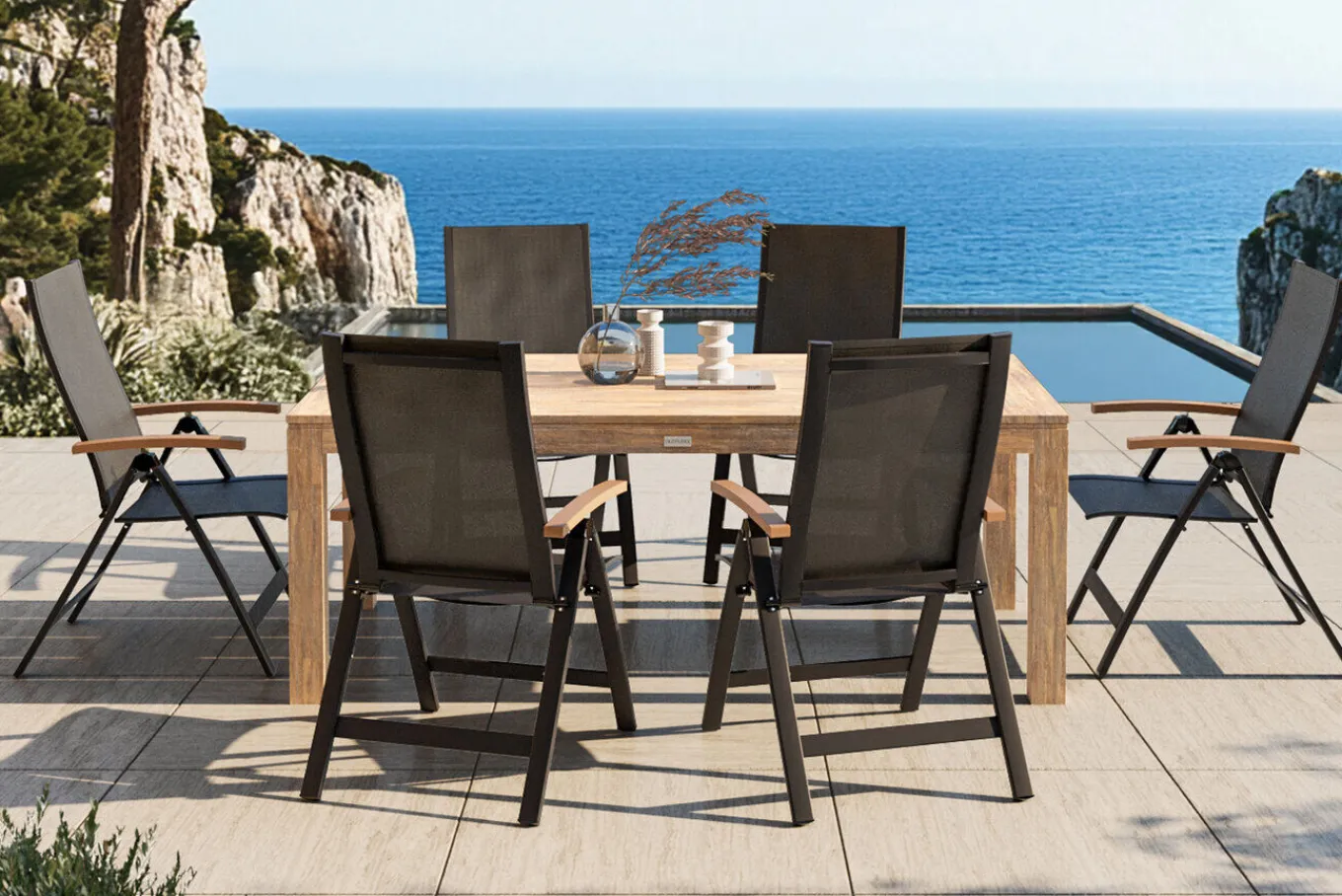 Clearance Garten-Essgruppe mit 6 Sesseln, anthrazit/natur, Alu/Akazie, klappbar, witterungsbeständig, FSC®-zertifiziertes Produkt Garten-Essgruppen|Aluminium-Gartenmöbel