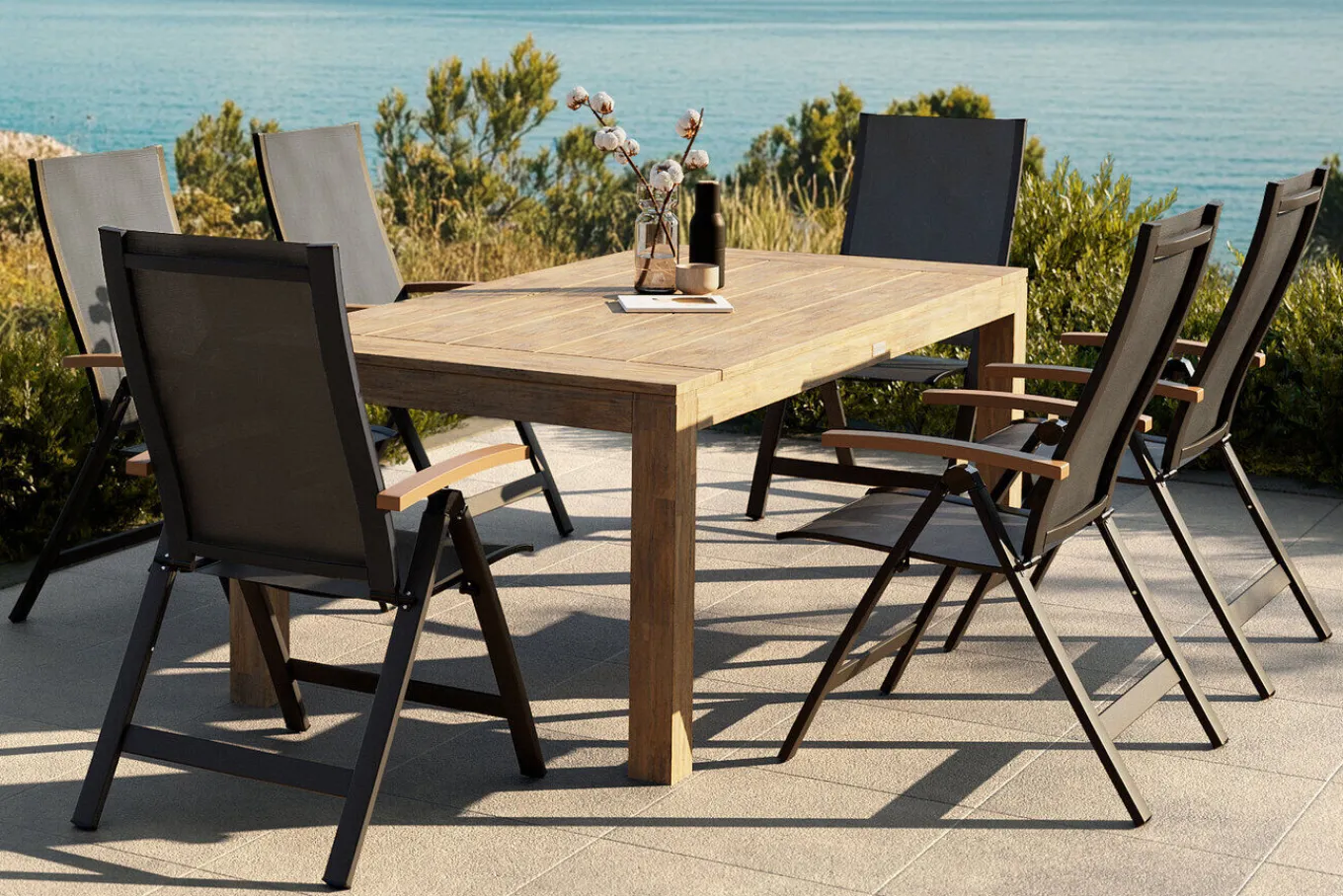 Clearance Garten-Essgruppe mit 6 Sesseln, anthrazit/natur, Alu/Akazie, klappbar, witterungsbeständig, FSC®-zertifiziertes Produkt Garten-Essgruppen|Aluminium-Gartenmöbel