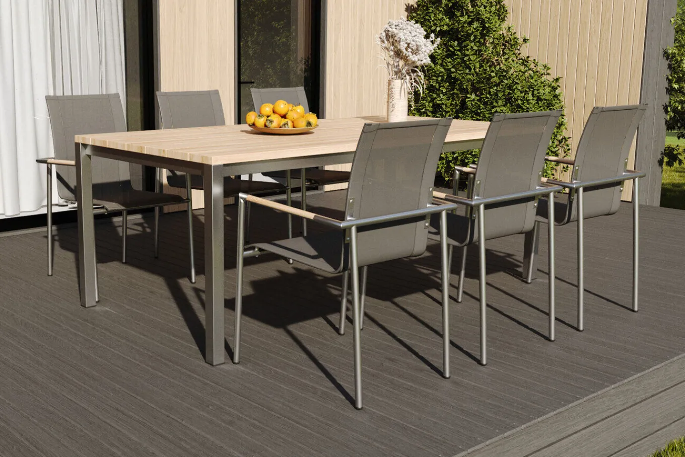 New Garten-Essgruppe mit 6 Sesseln, silber/anthrazit, Edelstahl/Textilene, stapelbar, schmutzabweisend, pflegeleicht Garten-Essgruppen|Edelstahl-Gartenmöbel