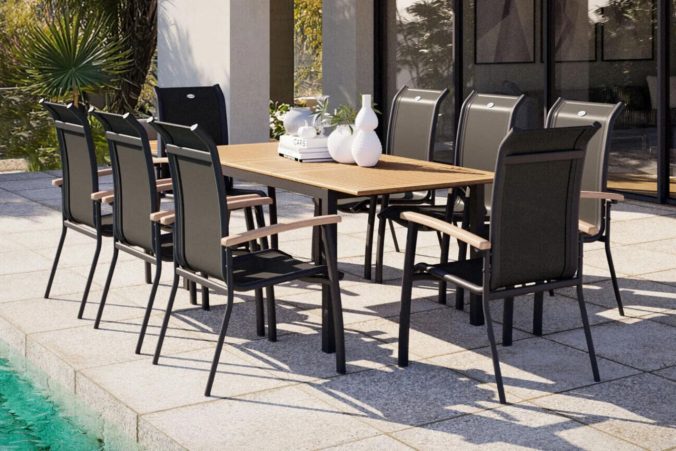 Sale Garten-Essgruppe mit 8 Sesseln, xerix/anthrazit, Alu/Textilene, ausziehbar & stapelbar, witterungsbeständig, hohe Belastbarkeit, pflegeleicht Garten-Essgruppen|Aluminium-Gartenmöbel