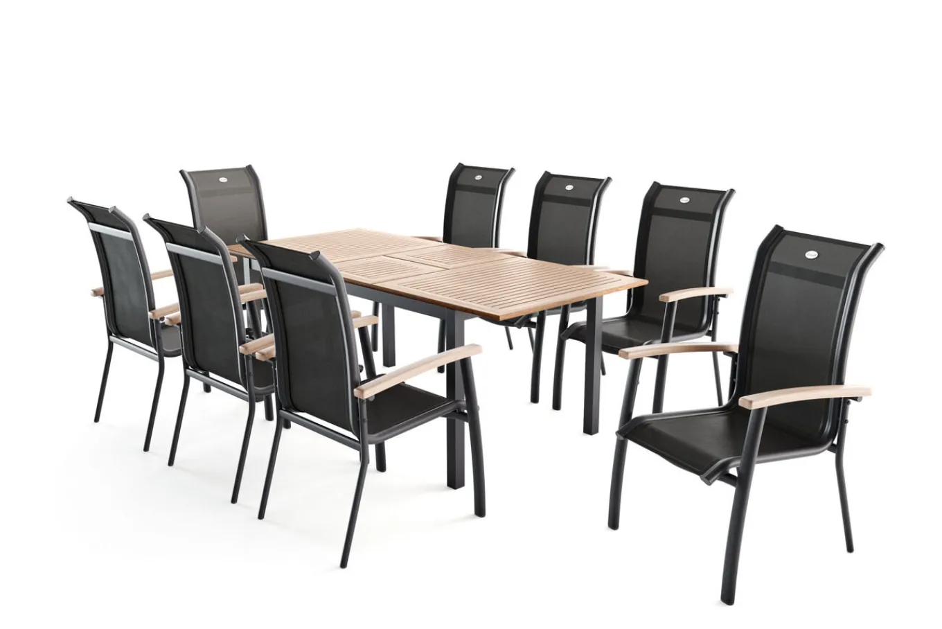 Sale Garten-Essgruppe mit 8 Sesseln, xerix/anthrazit, Alu/Textilene, ausziehbar & stapelbar, witterungsbeständig, hohe Belastbarkeit, pflegeleicht Garten-Essgruppen|Aluminium-Gartenmöbel