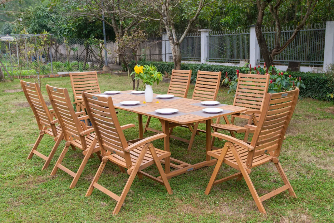 Clearance Garten-Essgruppe, natur, Akazie, Ausziehtisch 150/200 x 90 cm, 8 Klappstühle, klappbar, FSC®-zertifiziertes Produkt Garten-Essgruppen|Akazien-Gartenmöbel