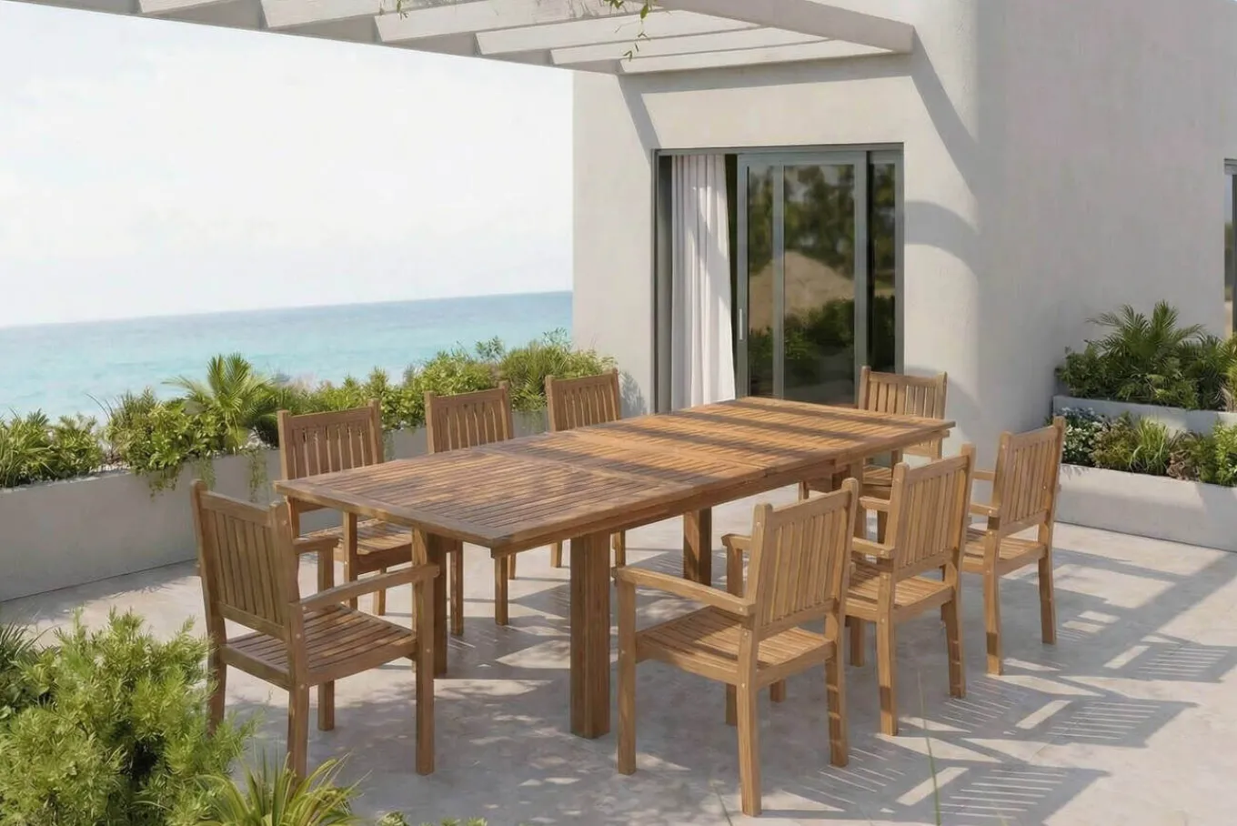Garten-Essgruppe, natur, Akazie, Ausziehtisch 180/220/260 x 100 cm, 8 Gartenstühle, FSC®-zertifiziertes Produkt Akazien-Gartenmöbel