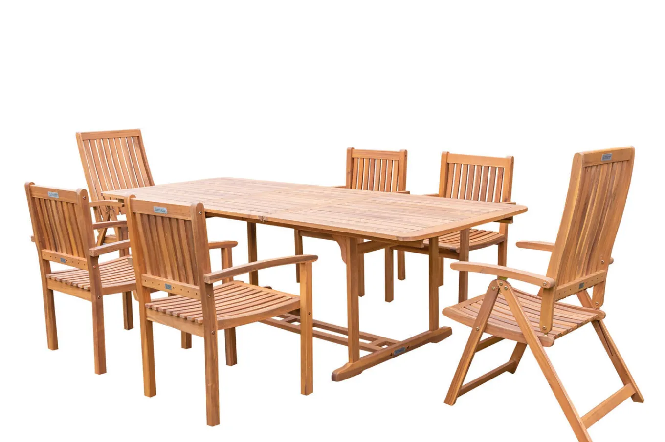 Outlet Garten-Essgruppe, natur, Akazie, Ausziehtisch 150/200 x 90 cm, 2 Klappstühle, 4 Armlehnensessel, FSC®-zertifiziertes Produkt Akazien-Gartenmöbel