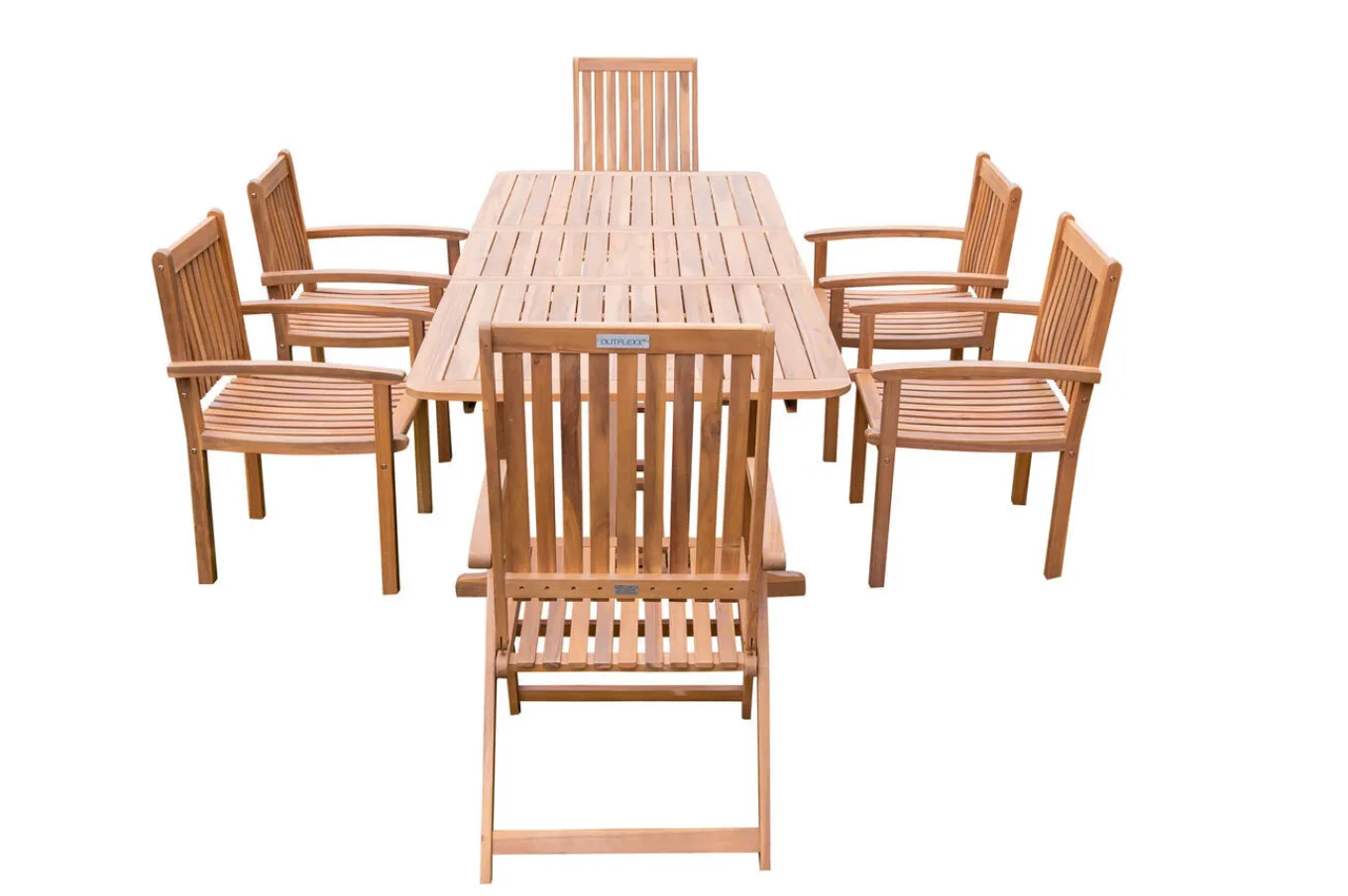 Outlet Garten-Essgruppe, natur, Akazie, Ausziehtisch 150/200 x 90 cm, 2 Klappstühle, 4 Armlehnensessel, FSC®-zertifiziertes Produkt Akazien-Gartenmöbel