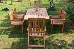 Outlet Garten-Essgruppe, natur, Akazie, Ausziehtisch 150/200 x 90 cm, 2 Klappstühle, 4 Armlehnensessel, FSC®-zertifiziertes Produkt Akazien-Gartenmöbel