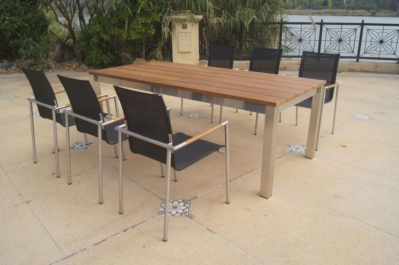 New Garten-Essgruppe, natur/anthrazit, Edelstahl/Textilene/Teakholz, Ausziehtisch 220/340x100cm, 6 Diningsessel, FSC®-zertifiziertes Produkt Edelstahl-Gartenmöbel