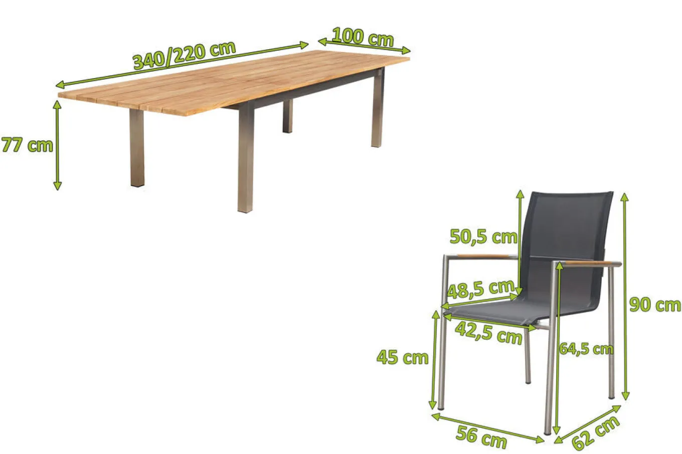 New Garten-Essgruppe, natur/anthrazit, Edelstahl/Textilene/Teakholz, Ausziehtisch 220/340x100cm, 6 Diningsessel, FSC®-zertifiziertes Produkt Edelstahl-Gartenmöbel