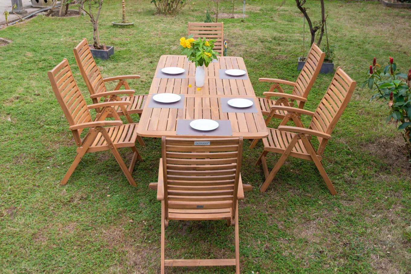 Clearance Garten-Essgruppe, natur, Akazie, Ausziehtisch 150/200 x 90 cm, 6 Klappstühle, klappbar, FSC®-zertifiziertes Produkt Garten-Essgruppen|Akazien-Gartenmöbel