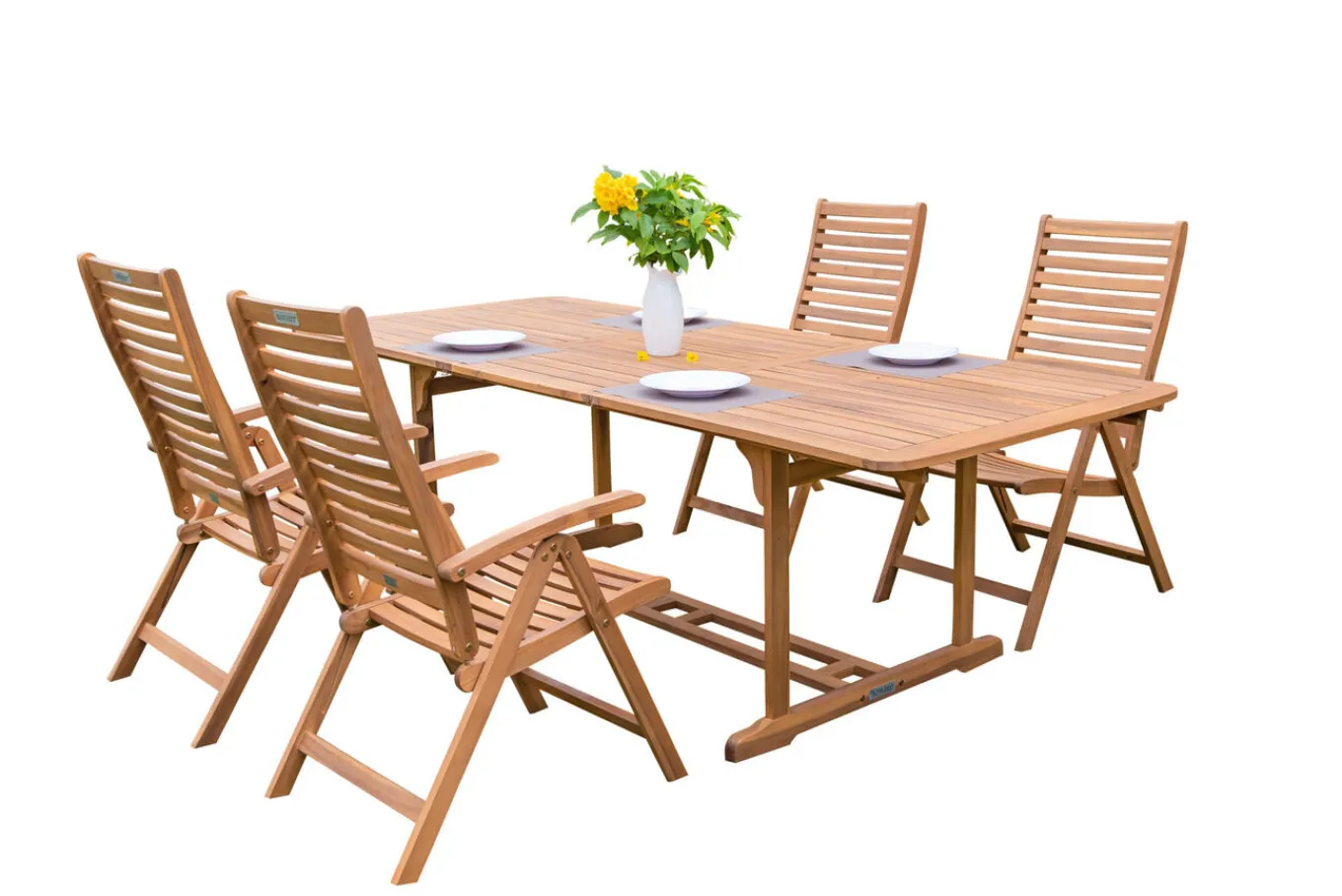 Online Garten-Essgruppe, natur, Akazie, Ausziehtisch 150/200 x 90 cm, 4 Klappstühle, klappbar, FSC®-zertifiziertes Produkt Garten-Essgruppen|Akazien-Gartenmöbel