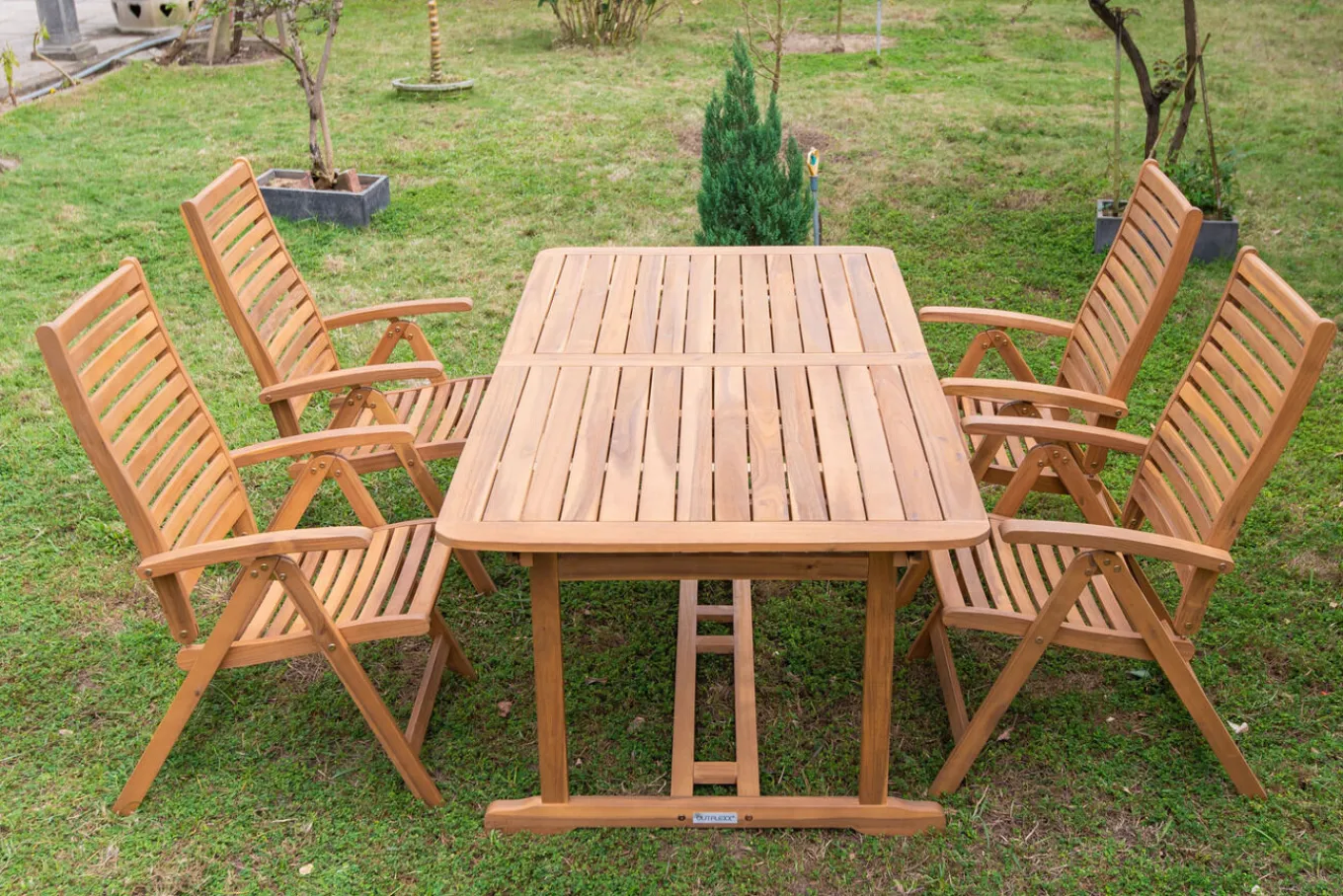 Online Garten-Essgruppe, natur, Akazie, Ausziehtisch 150/200 x 90 cm, 4 Klappstühle, klappbar, FSC®-zertifiziertes Produkt Garten-Essgruppen|Akazien-Gartenmöbel
