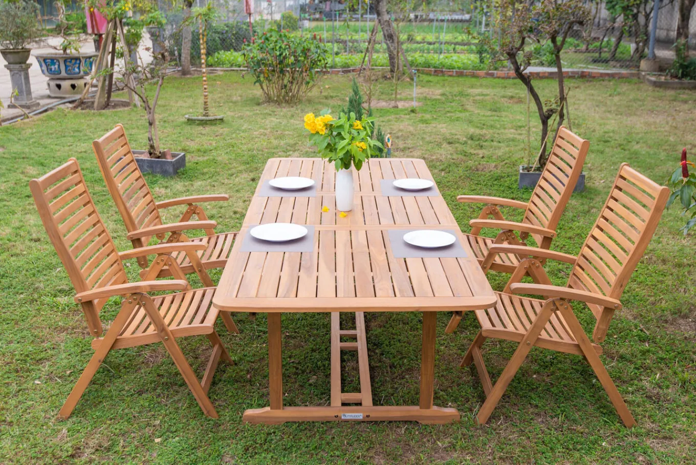 Online Garten-Essgruppe, natur, Akazie, Ausziehtisch 150/200 x 90 cm, 4 Klappstühle, klappbar, FSC®-zertifiziertes Produkt Garten-Essgruppen|Akazien-Gartenmöbel