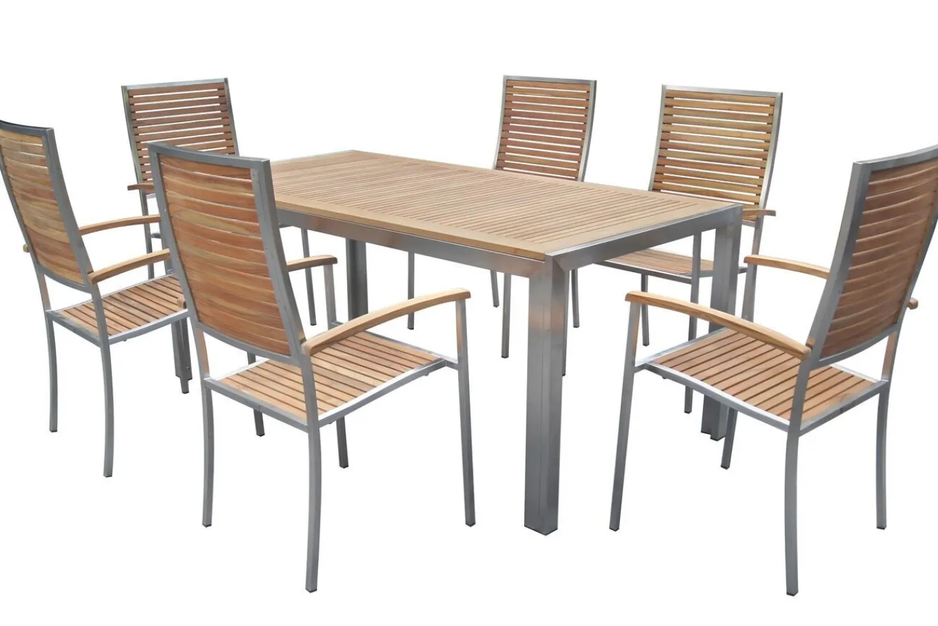 Sale Garten-Essgruppe, natur, Edelstahl/Teak, Esstisch 180x90cm, 6 Hochlehner, FSC®-zertifiziertes Produkt Garten-Essgruppen|Edelstahl-Gartenmöbel
