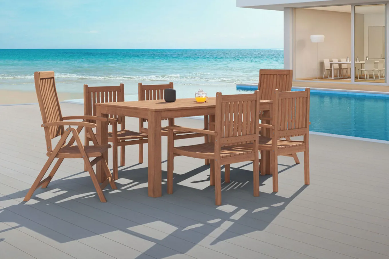 Outlet Garten-Essgruppe, natur, Akazie, Tisch 160 x 90 cm, 4 Stühle, 2 Klappsessel, FSC®-zertifiziertes Produkt Garten-Essgruppen