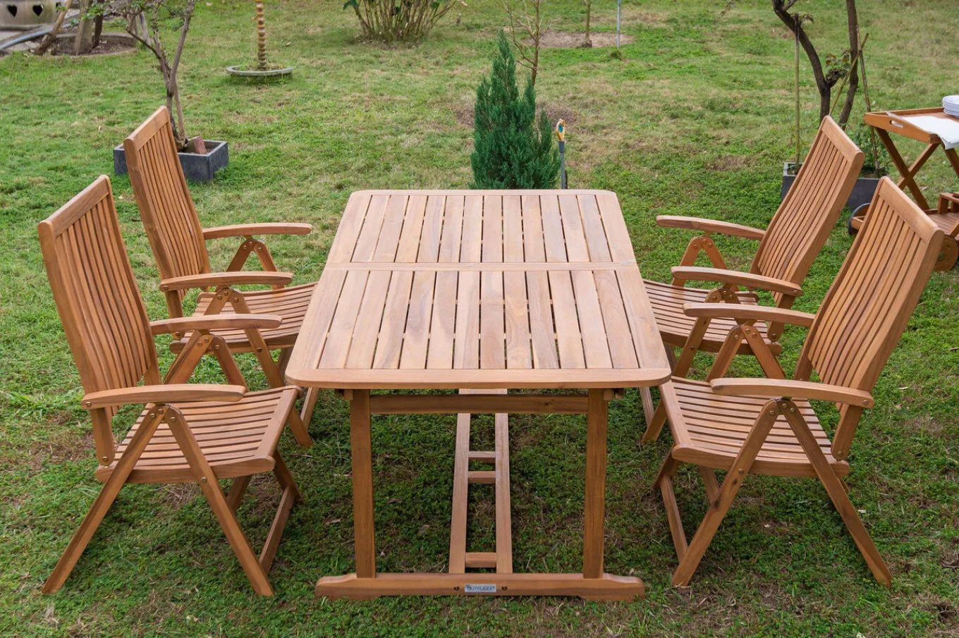 Sale Garten-Essgruppe, natur, Akazie, Ausziehtisch 150/200 x 90 cm, 4 Klappstühle, FSC®-zertifiziertes Produkt Garten-Essgruppen|Akazien-Gartenmöbel