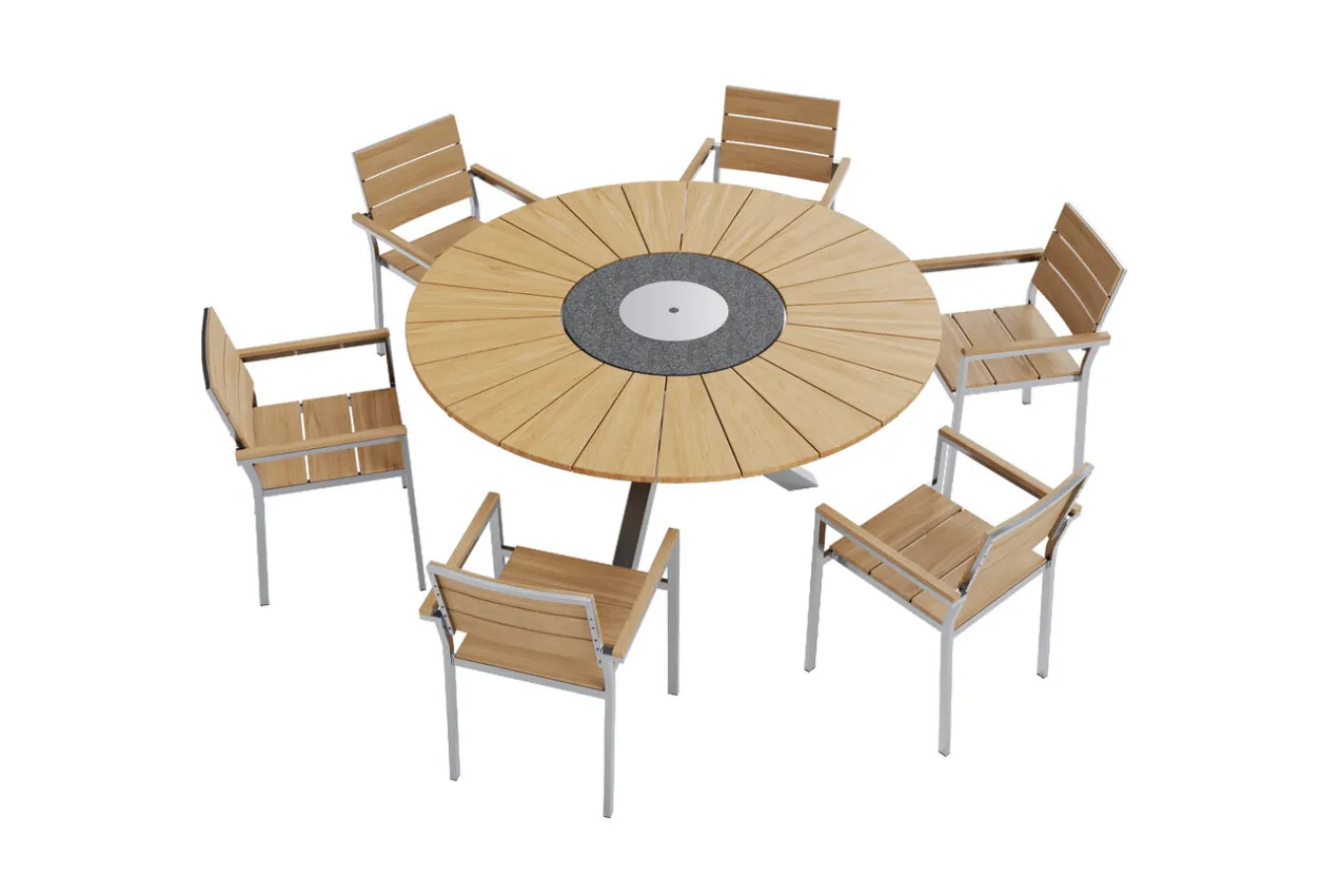 Hot Garten-Essgruppe, natur, Edelstahl/Teak, Ø 170 cm, 6 Stapelsessel, inkl. drehbarer Granitplatte + Eiskühler, FSC®-zertifiziertes Produkt Garten-Essgruppen|Edelstahl-Gartenmöbel