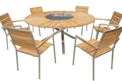 Hot Garten-Essgruppe, natur, Edelstahl/Teak, Ø 170 cm, 6 Stapelsessel, inkl. drehbarer Granitplatte + Eiskühler, FSC®-zertifiziertes Produkt Garten-Essgruppen|Edelstahl-Gartenmöbel