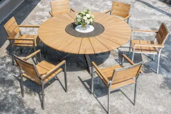 Hot Garten-Essgruppe, natur, Edelstahl/Teak, Ø 170 cm, 6 Stapelsessel, inkl. drehbarer Granitplatte + Eiskühler, FSC®-zertifiziertes Produkt Garten-Essgruppen|Edelstahl-Gartenmöbel