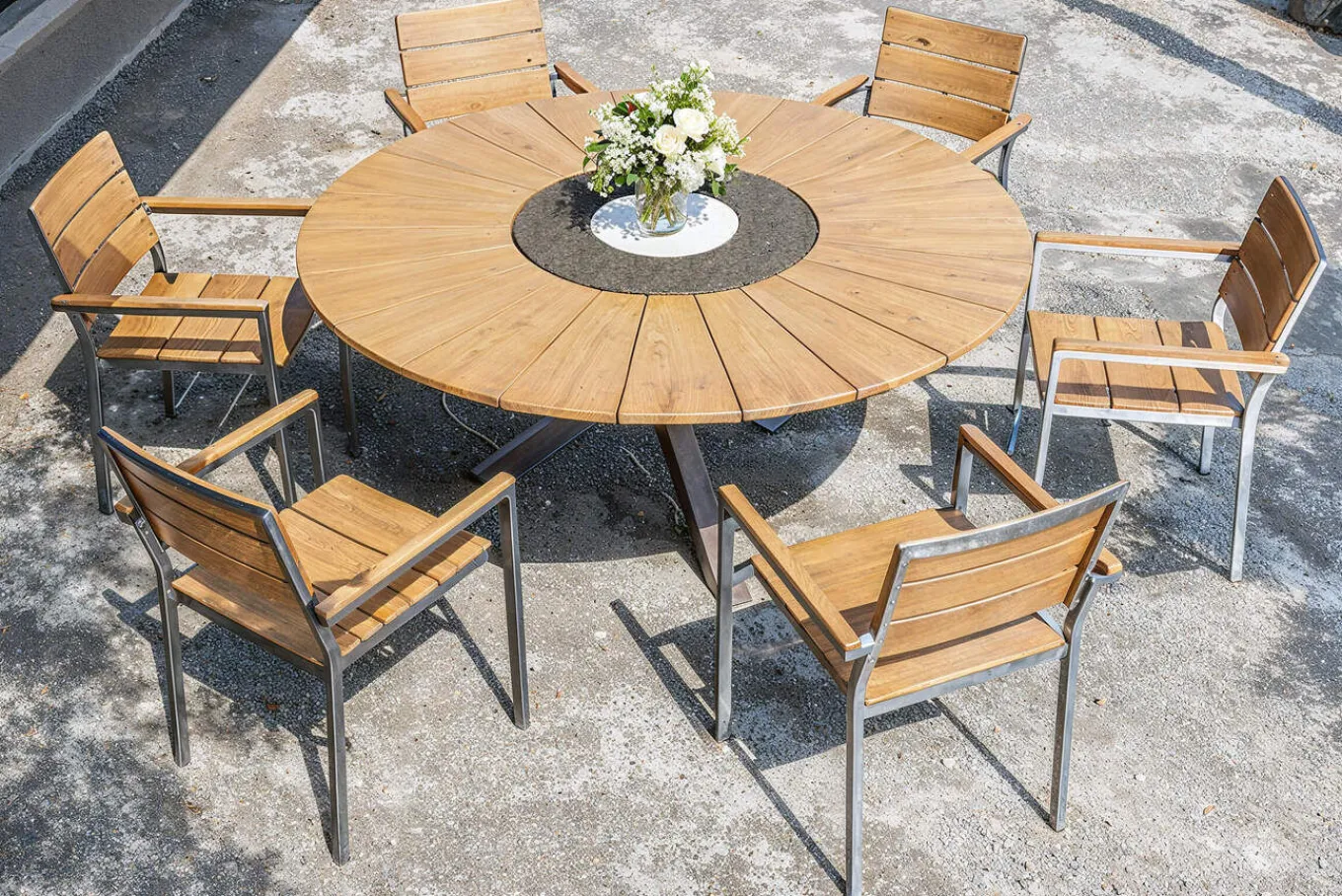 Hot Garten-Essgruppe, natur, Edelstahl/Teak, Ø 170 cm, 6 Stapelsessel, inkl. drehbarer Granitplatte + Eiskühler, FSC®-zertifiziertes Produkt Garten-Essgruppen|Edelstahl-Gartenmöbel