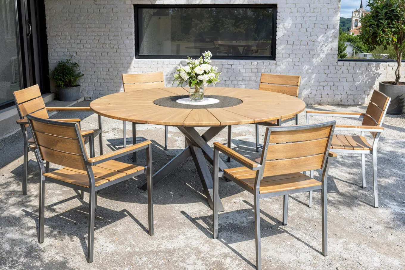 Hot Garten-Essgruppe, natur, Edelstahl/Teak, Ø 170 cm, 6 Stapelsessel, inkl. drehbarer Granitplatte + Eiskühler, FSC®-zertifiziertes Produkt Garten-Essgruppen|Edelstahl-Gartenmöbel