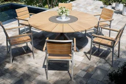 Hot Garten-Essgruppe, natur, Edelstahl/Teak, Ø 170 cm, 6 Stapelsessel, inkl. drehbarer Granitplatte + Eiskühler, FSC®-zertifiziertes Produkt Garten-Essgruppen|Edelstahl-Gartenmöbel
