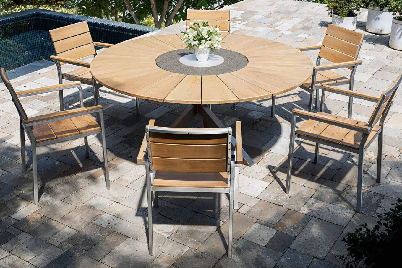 Hot Garten-Essgruppe, natur, Edelstahl/Teak, Ø 170 cm, 6 Stapelsessel, inkl. drehbarer Granitplatte + Eiskühler, FSC®-zertifiziertes Produkt Garten-Essgruppen|Edelstahl-Gartenmöbel