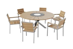 Hot Garten-Essgruppe, natur, Edelstahl/Teak, Ø 170 cm, 6 Stapelsessel, inkl. drehbarer Granitplatte + Eiskühler, FSC®-zertifiziertes Produkt Garten-Essgruppen|Edelstahl-Gartenmöbel