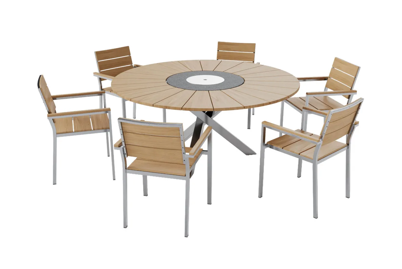 Hot Garten-Essgruppe, natur, Edelstahl/Teak, Ø 170 cm, 6 Stapelsessel, inkl. drehbarer Granitplatte + Eiskühler, FSC®-zertifiziertes Produkt Garten-Essgruppen|Edelstahl-Gartenmöbel