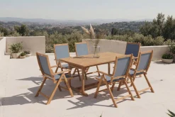 Clearance Garten-Essgruppe, natur/grau, Akazie/Textilene, Ausziehtisch 180/240 x 100 cm, 6 Klappstühle 5-fach, FSC®-zertifiziertes Produkt Garten-Essgruppen|Akazien-Gartenmöbel