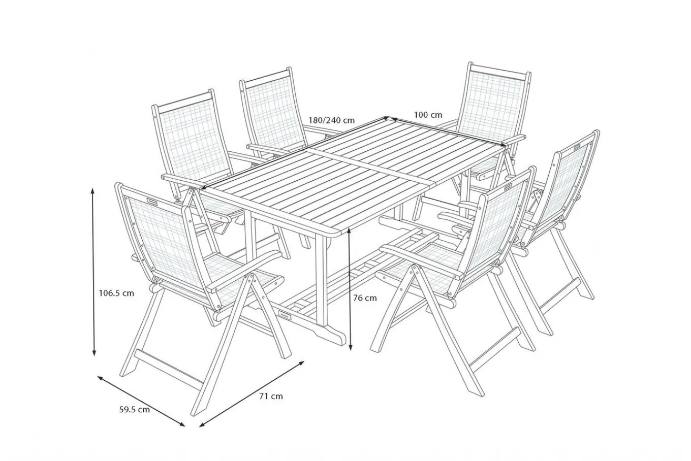 Clearance Garten-Essgruppe, natur/grau, Akazie/Textilene, Ausziehtisch 180/240 x 100 cm, 6 Klappstühle 5-fach, FSC®-zertifiziertes Produkt Garten-Essgruppen|Akazien-Gartenmöbel