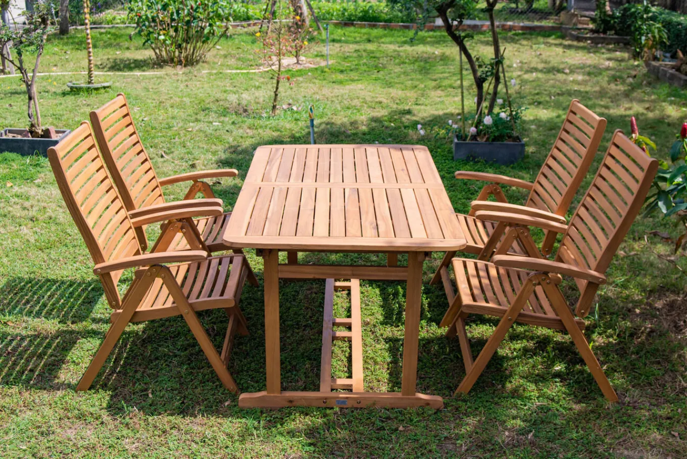 Clearance Garten-Essgruppe, natur, Akazie, Ausziehtisch 180/240 x 100 cm, 4 Klappstühle, klappbar, FSC®-zertifiziertes Produkt Garten-Essgruppen|Akazien-Gartenmöbel