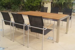 Sale Garten-Essgruppe, natur/anthrazit, Edelstahl/Textilene/Teak, Tisch 200x90cm, 6 Diningsessel Garten-Essgruppen|Edelstahl-Gartenmöbel