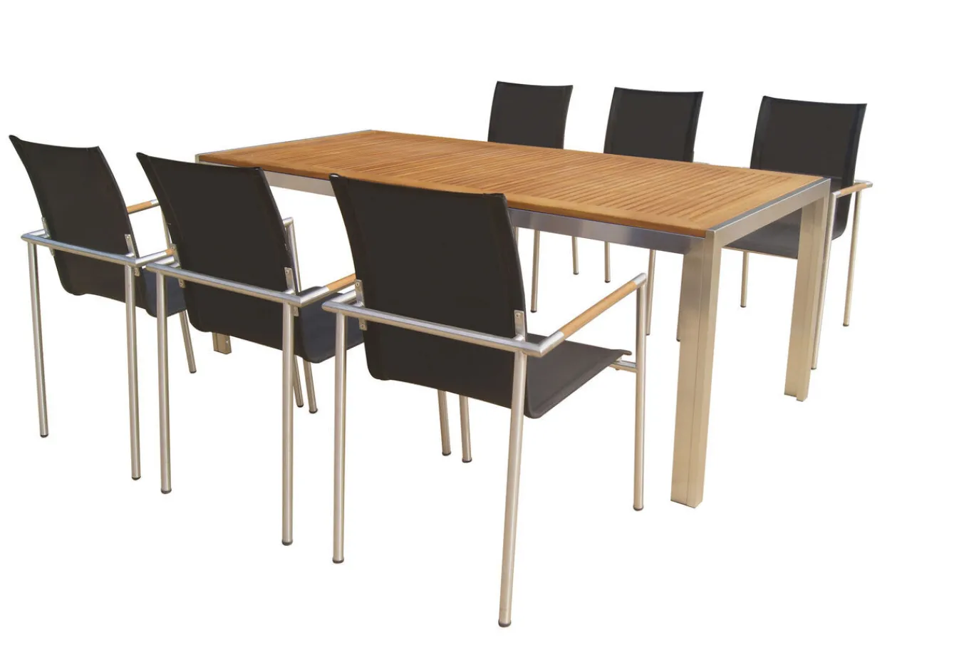 Sale Garten-Essgruppe, natur/anthrazit, Edelstahl/Textilene/Teak, Tisch 200x90cm, 6 Diningsessel Garten-Essgruppen|Edelstahl-Gartenmöbel
