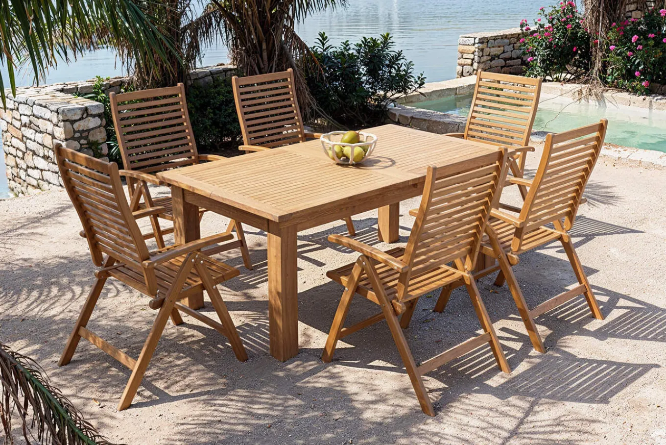 Hot Garten-Essgruppe, natur, Akazie, Ausziehtisch 180/220/260 x 100 cm, 6 Klappstühle, FSC®-zertifiziertes Produkt Garten-Essgruppen|Akazien-Gartenmöbel