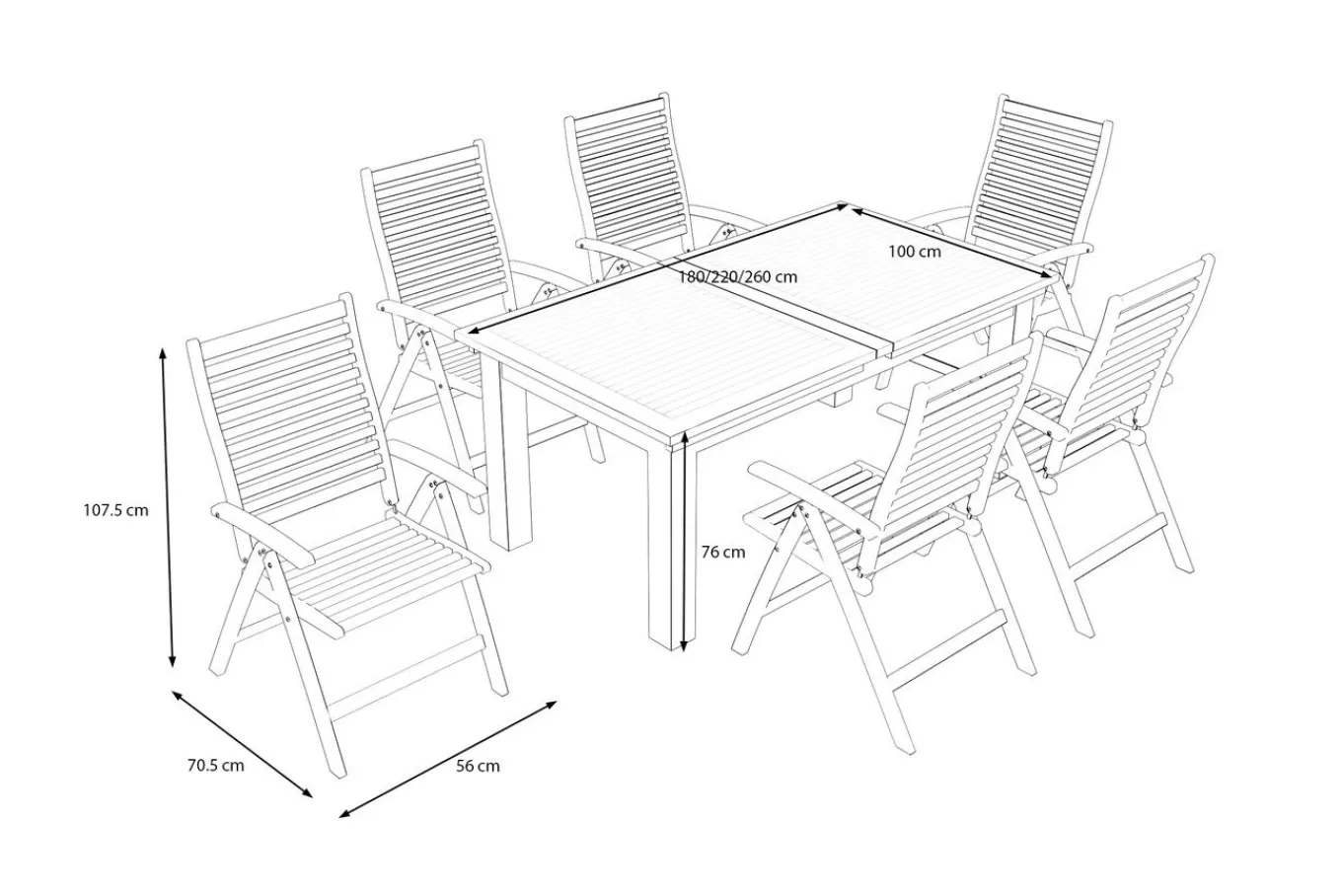Hot Garten-Essgruppe, natur, Akazie, Ausziehtisch 180/220/260 x 100 cm, 6 Klappstühle, FSC®-zertifiziertes Produkt Garten-Essgruppen|Akazien-Gartenmöbel