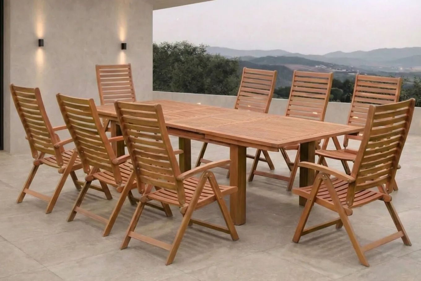 Garten-Essgruppe, natur, Akazie, Ausziehtisch 180/220/260 x 100 cm, 8 Klappstühle, FSC®-zertifiziertes Produkt Garten-Essgruppen|Akazien-Gartenmöbel