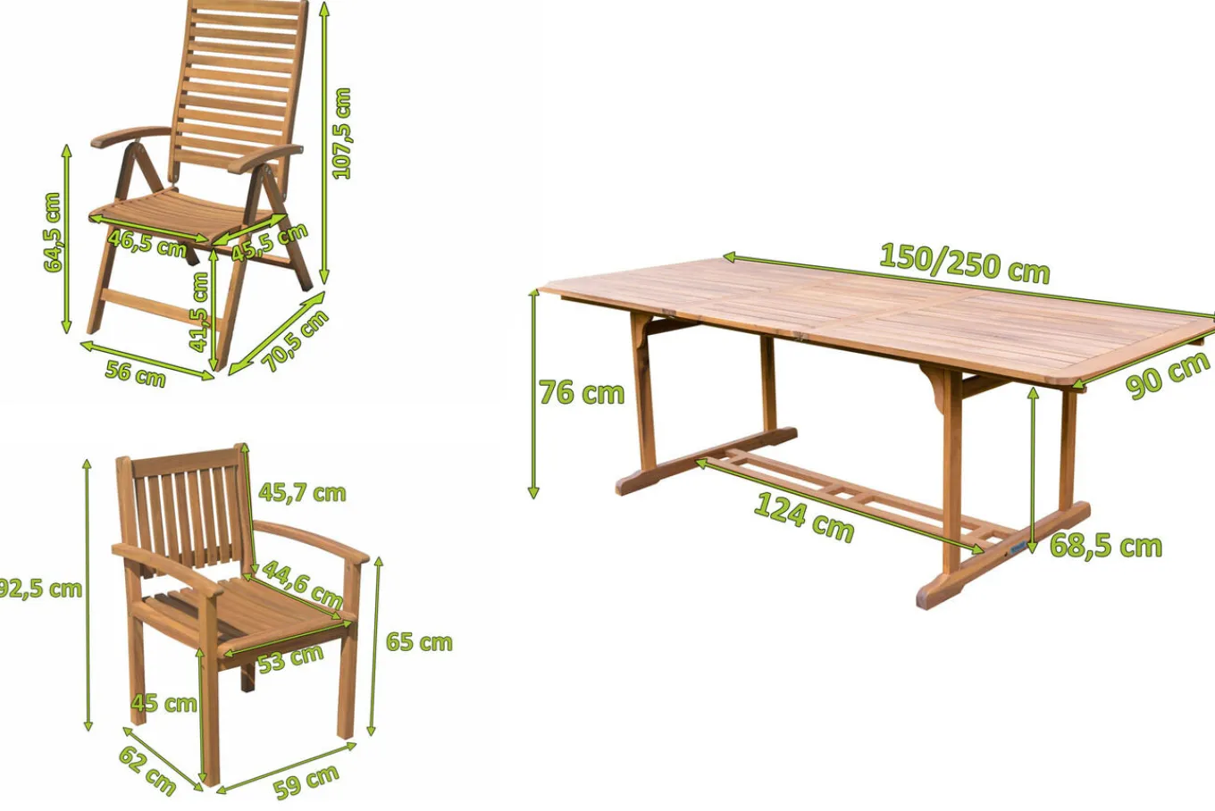Online Garten-Essgruppe, natur, Akazie, Ausziehtisch 150/200 x 90 cm, 2 Klappstühle, 6 Armlehnensessel, 5-fach verstellbar, FSC®-zertifiziertes Produkt Garten-Essgruppen|Akazien-Gartenmöbel