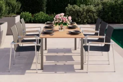 Clearance Garten-Essgruppe, natur/anthrazit, Edelstahl/Textilene/Teak, Ausziehtisch 150/200x90cm, 6 Diningsessel Garten-Essgruppen|Edelstahl-Gartenmöbel