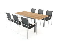Clearance Garten-Essgruppe, natur/anthrazit, Edelstahl/Textilene/Teak, Ausziehtisch 150/200x90cm, 6 Diningsessel Garten-Essgruppen|Edelstahl-Gartenmöbel
