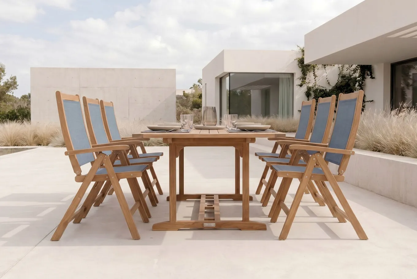 Outlet Garten-Essgruppe, natur/grau, Akazie/Textilene, Ausziehtisch 180/240 x 100 cm, 8 Klappstühle 5-fach, FSC®-zertifiziertes Produkt Garten-Essgruppen|Akazien-Gartenmöbel