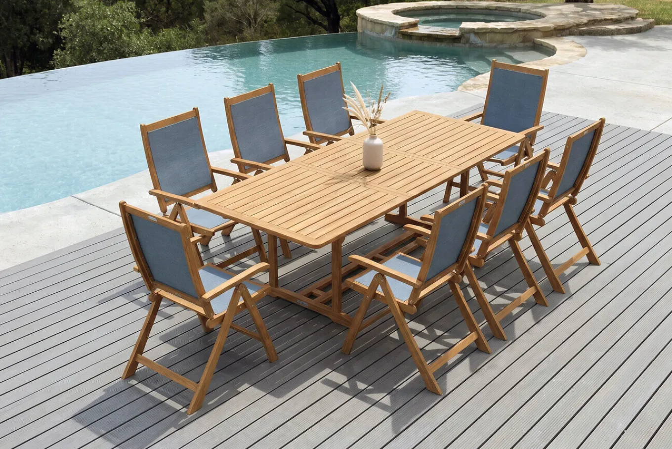 Outlet Garten-Essgruppe, natur/grau, Akazie/Textilene, Ausziehtisch 180/240 x 100 cm, 8 Klappstühle 5-fach, FSC®-zertifiziertes Produkt Garten-Essgruppen|Akazien-Gartenmöbel