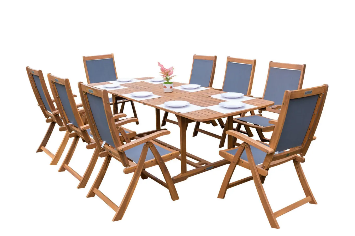 Outlet Garten-Essgruppe, natur/grau, Akazie/Textilene, Ausziehtisch 180/240 x 100 cm, 8 Klappstühle 5-fach, FSC®-zertifiziertes Produkt Garten-Essgruppen|Akazien-Gartenmöbel
