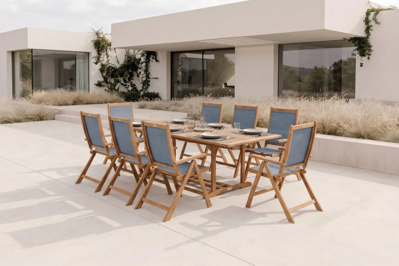 Outlet Garten-Essgruppe, natur/grau, Akazie/Textilene, Ausziehtisch 180/240 x 100 cm, 8 Klappstühle 5-fach, FSC®-zertifiziertes Produkt Garten-Essgruppen|Akazien-Gartenmöbel
