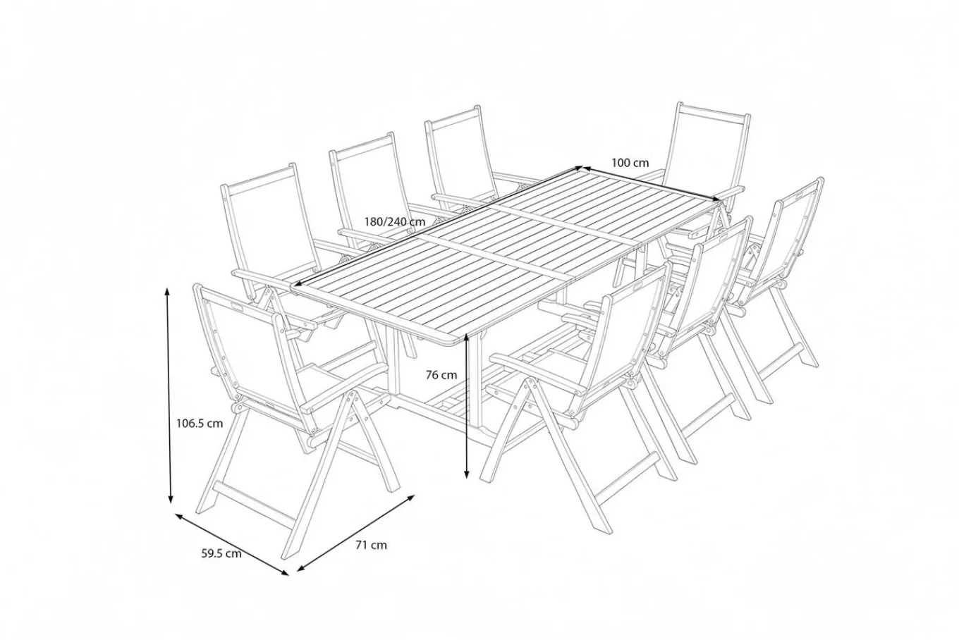 Outlet Garten-Essgruppe, natur/grau, Akazie/Textilene, Ausziehtisch 180/240 x 100 cm, 8 Klappstühle 5-fach, FSC®-zertifiziertes Produkt Garten-Essgruppen|Akazien-Gartenmöbel